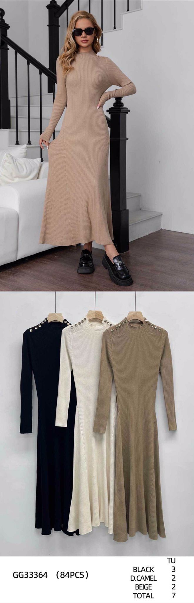 GG33364 - Women’s Long Knit Dress with Button Shoulder Detail