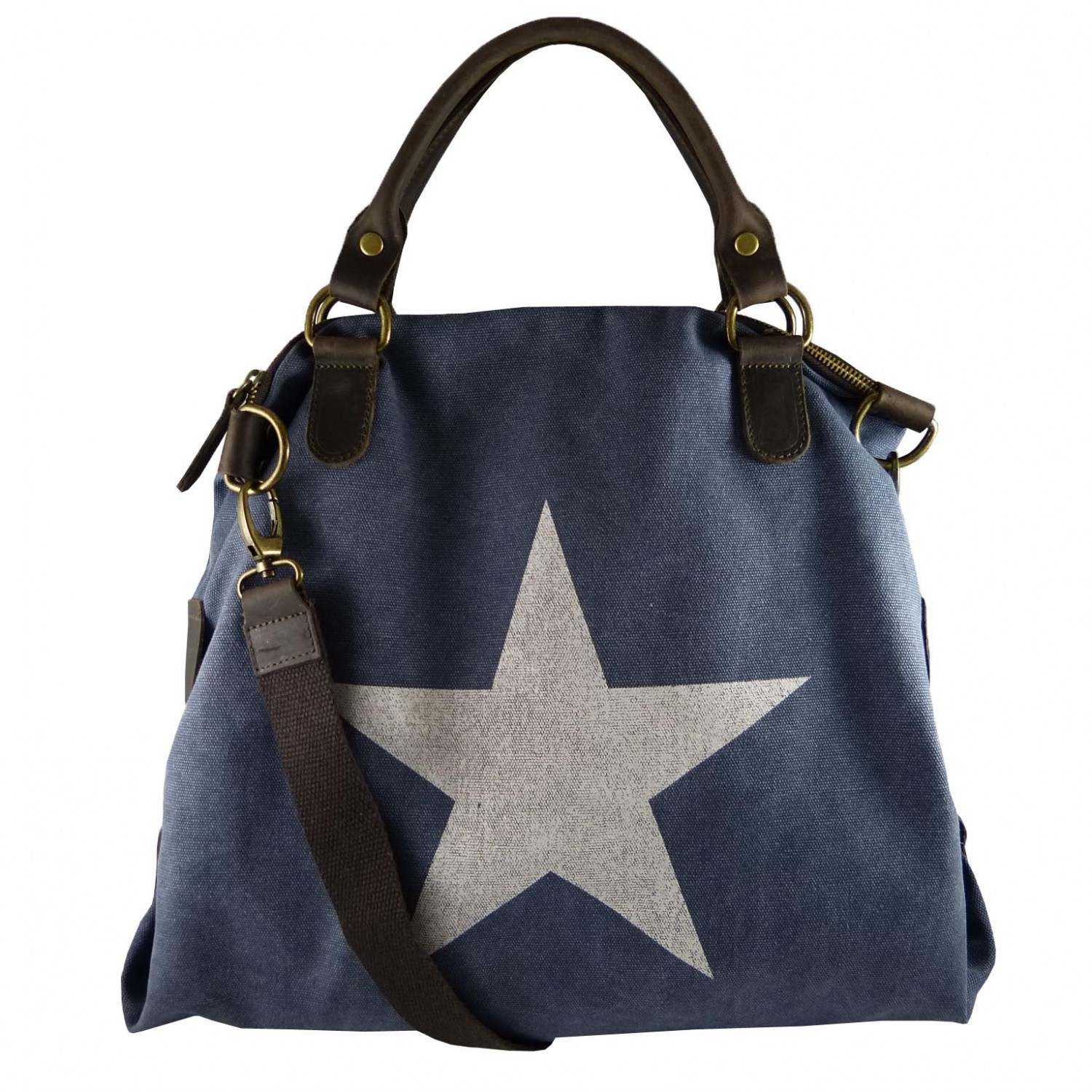 ITAL. WOMEN'S SHOULDER BAG SHOPPER IN CANVAS AND LEATHER WITH STAR PRINT SHCV2626